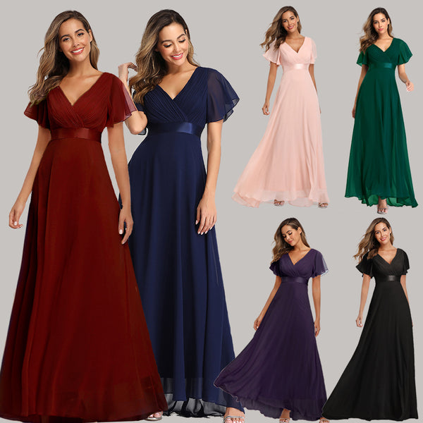 Handmade Double V-Neck Flared Sleeve Chiffon Evening Dress